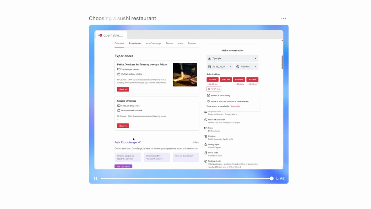 A compact live-browser card searches and opens restaurant pages.