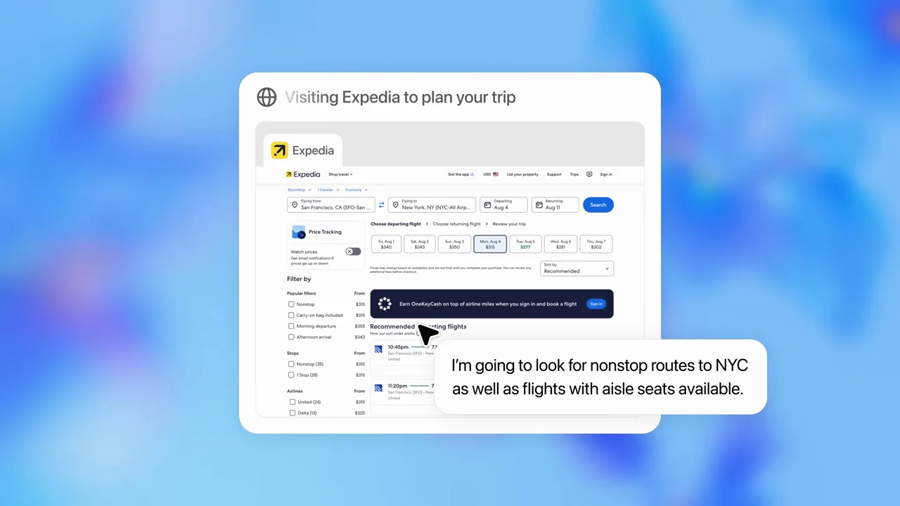 Flight search results replace the homepage while the status bubble changes.