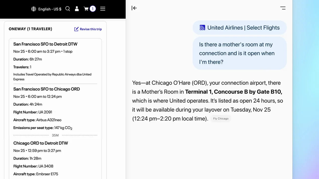 A flight page is paired with a question and response.