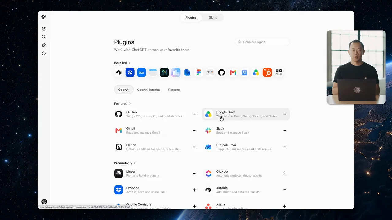 A catalog displays integrations and tool categories.
