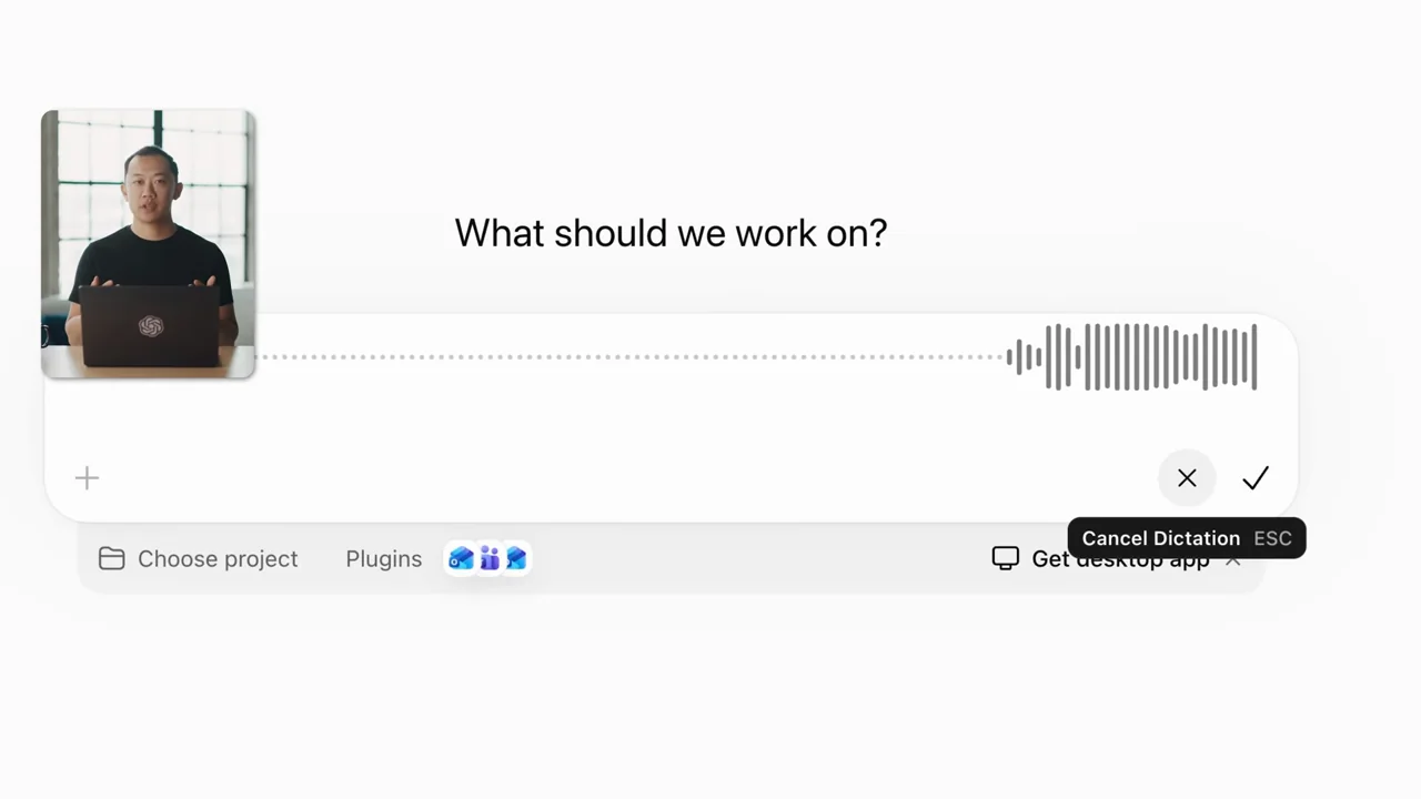 A waveform occupies the composer during a voice-input sequence.