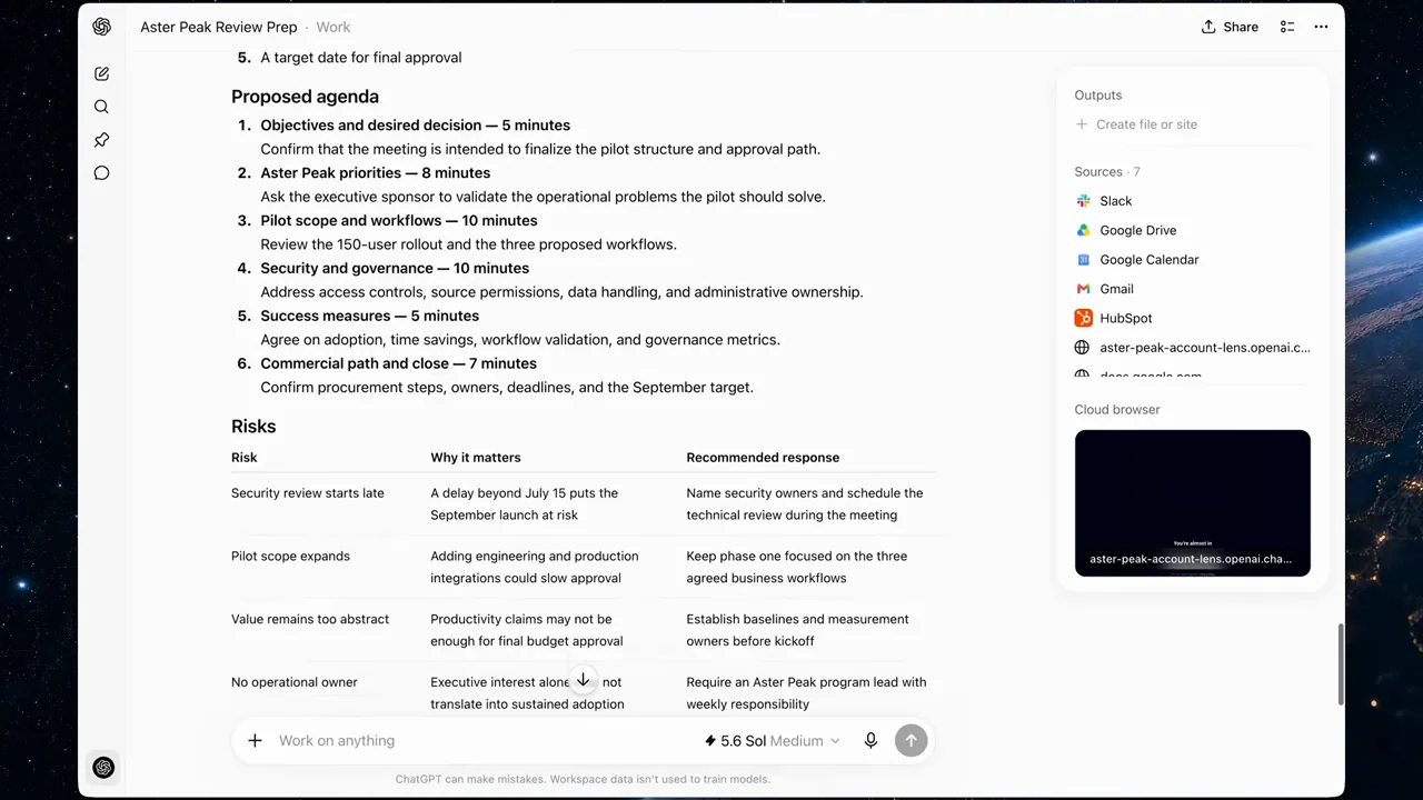 The brief scrolls to an agenda and risk table.