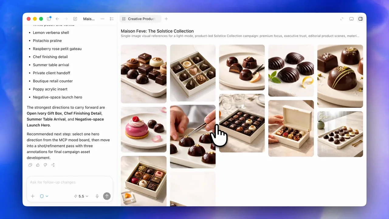 A grid of chocolate campaign images appears beside the conversation.