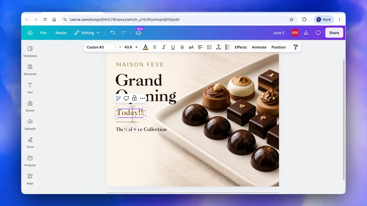 The design opens in Canva and its date text is edited.