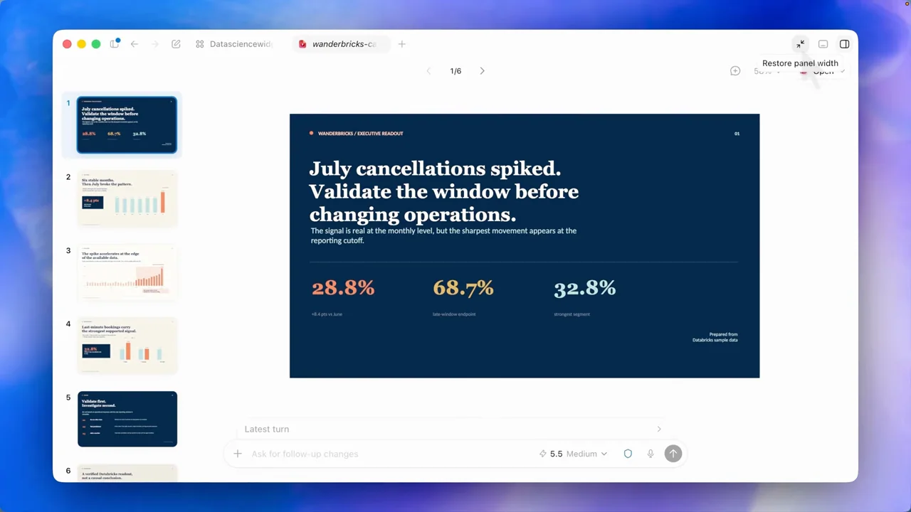 A presentation opens with a thumbnail rail and a summary slide.