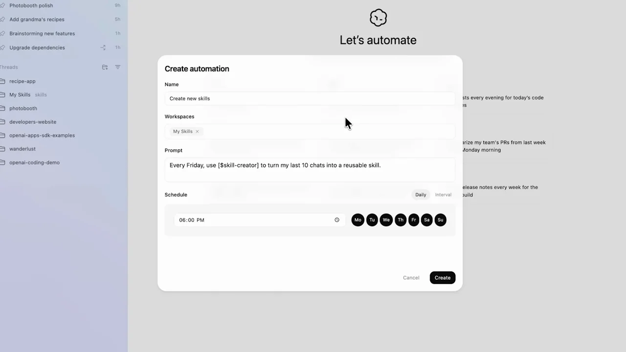 The automation page opens a scheduling form.