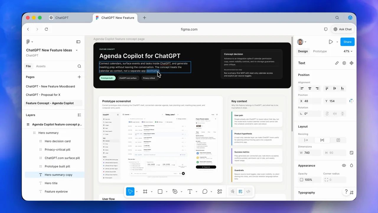 Text on the concept page is selected inside the design editor.