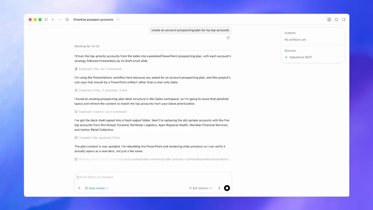 The response describes the account plan before returning a file.