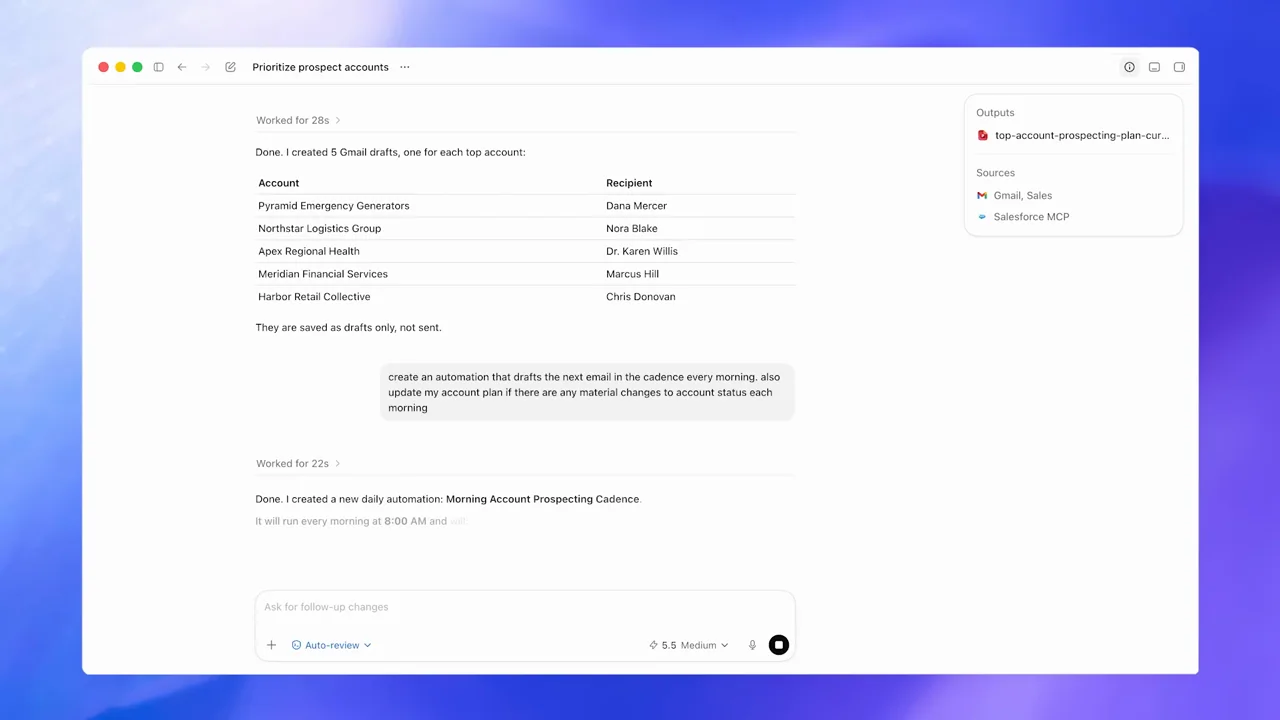 A response describes the recurring prospecting cadence.