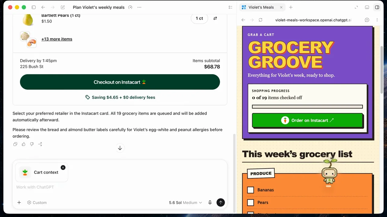 A cart summary and checkout control appear beside the site.
