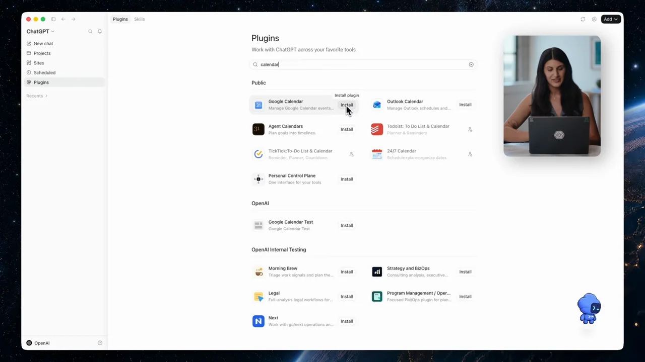 The catalog is scrolled to the calendar integration.