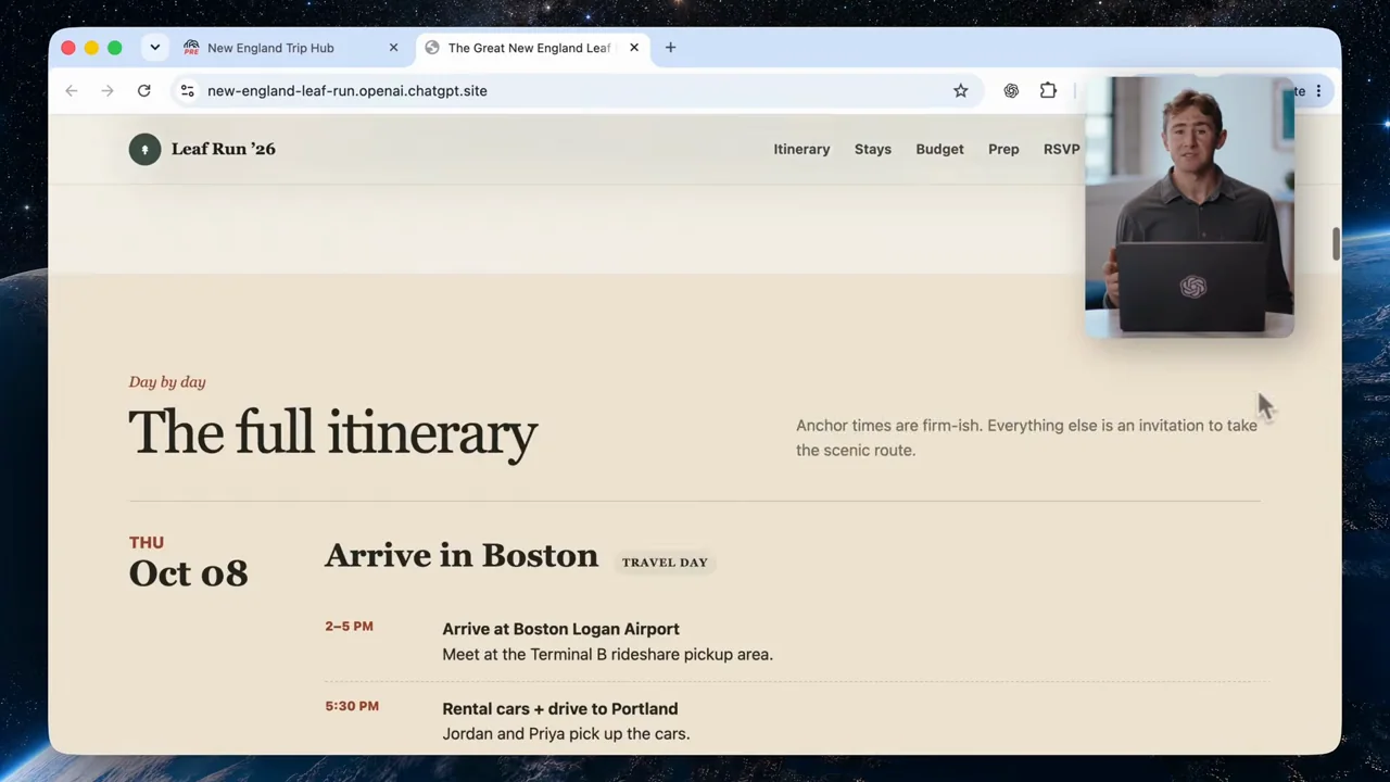 The browser scrolls from the site's introduction to its itinerary.