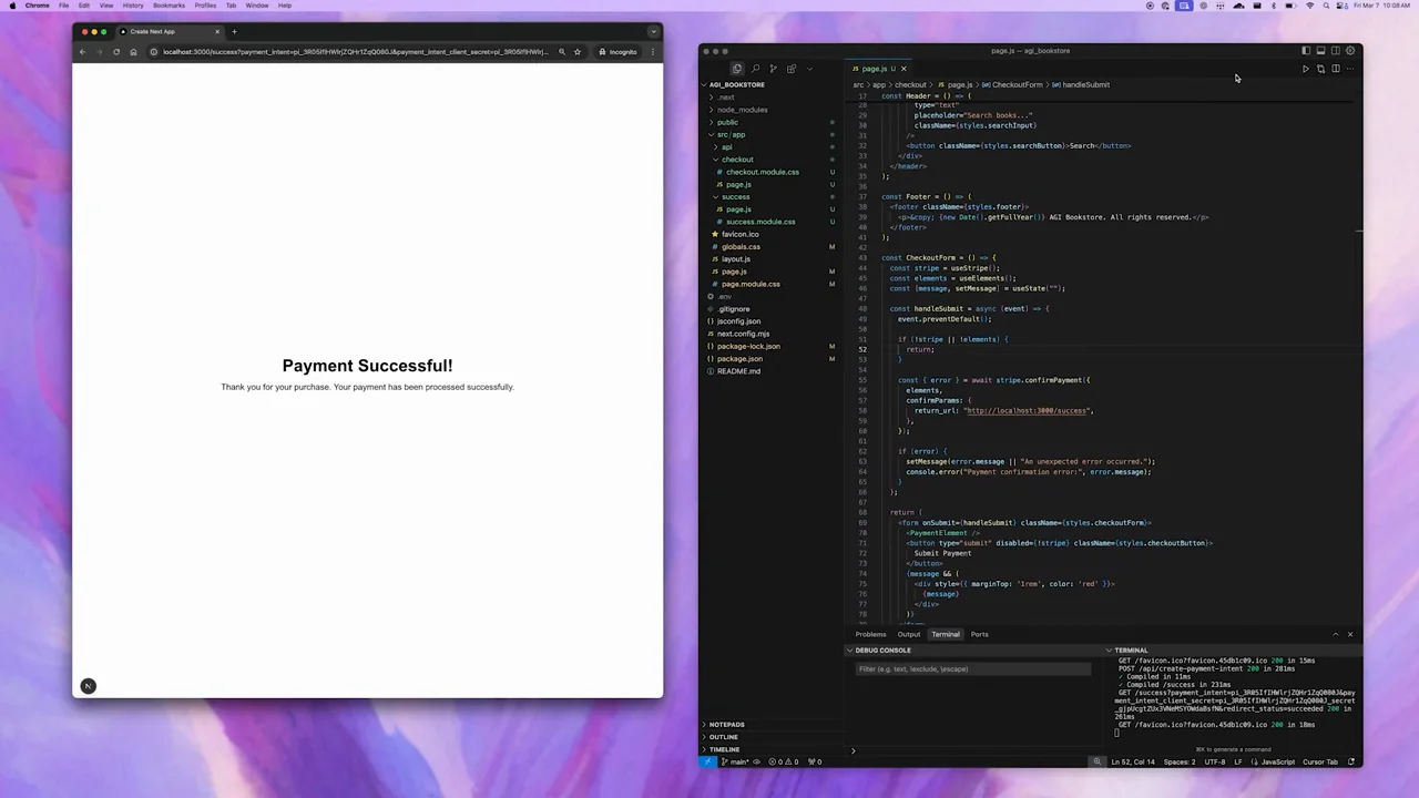 The desktop returns, then the checkout page displays a payment-success state beside the editor.