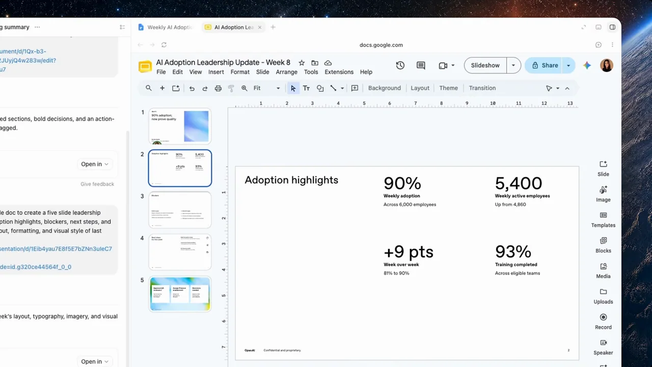 The view alternates between the source summary and an adoption-metrics slide.