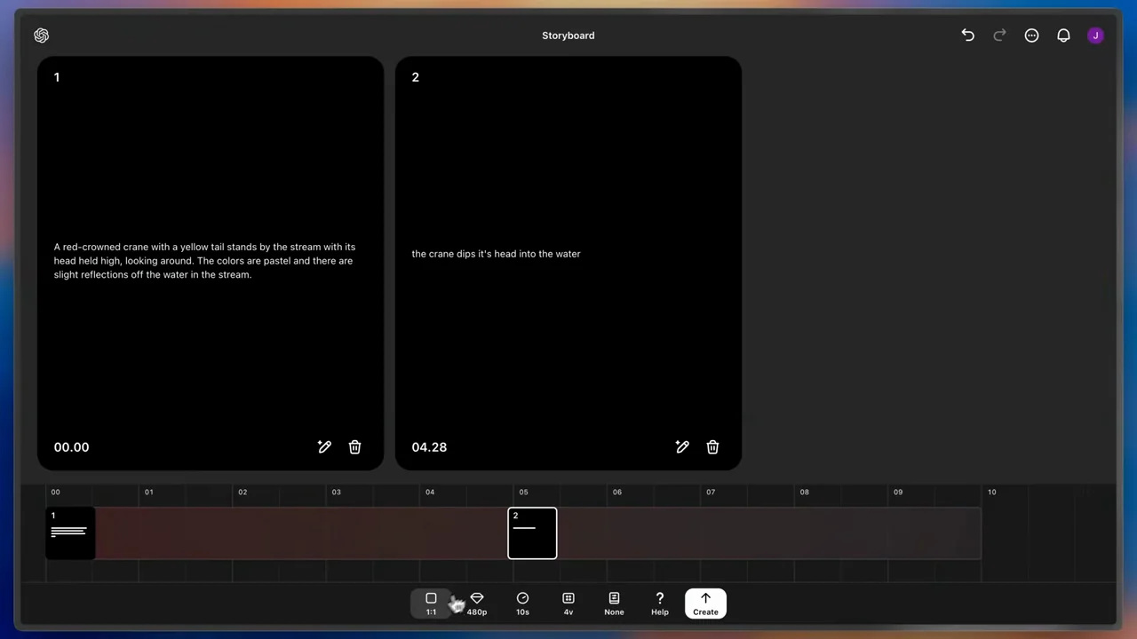The editor returns to a wider view and the create control is approached.