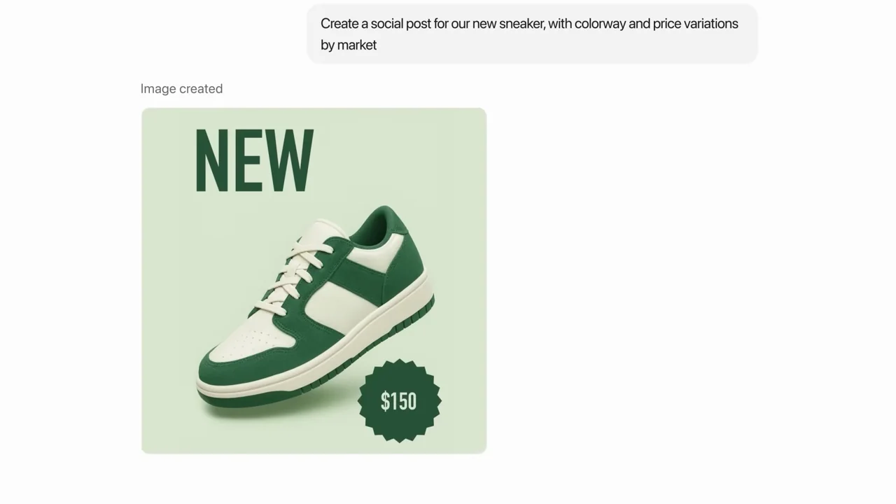 Chapter cards alternate with prototype and campaign requests, ending on a generated shoe advertisement.