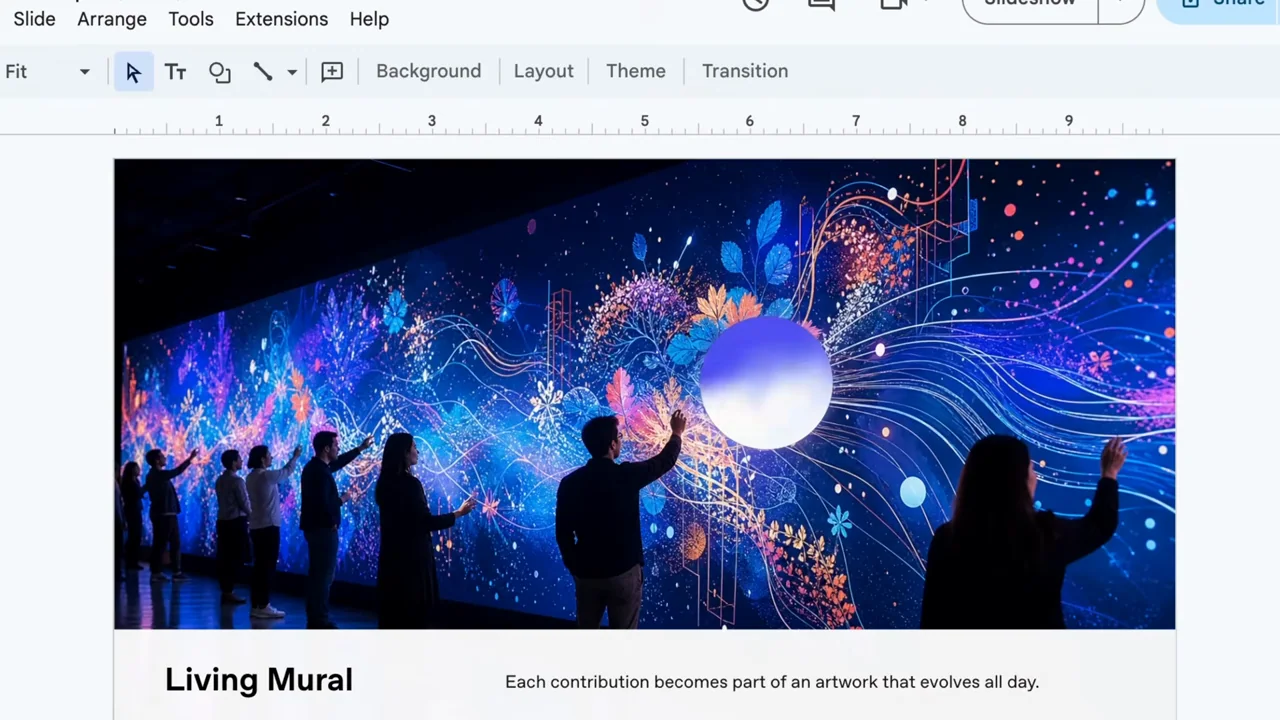 Several concept slides appear in a slide editor with the voice orb overlaid.